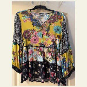 John Mark 2X Mixed Floral Boho Blouse – Colorful Patchwork Vibes!